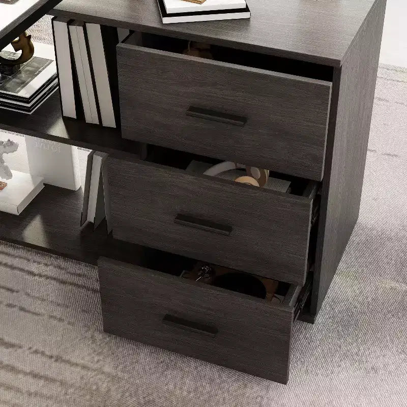 Famapy L-Shaped Wood & Metal Computer Desk Office Desk: 3-Drawer Storage + Open Shelves Multi-Zone Workstation for Home & Office