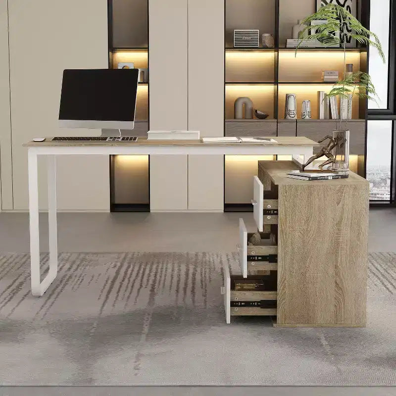Famapy L-Shaped Wood & Metal Computer Desk Office Desk: 3-Drawer Storage + Open Shelves Multi-Zone Workstation for Home & Office