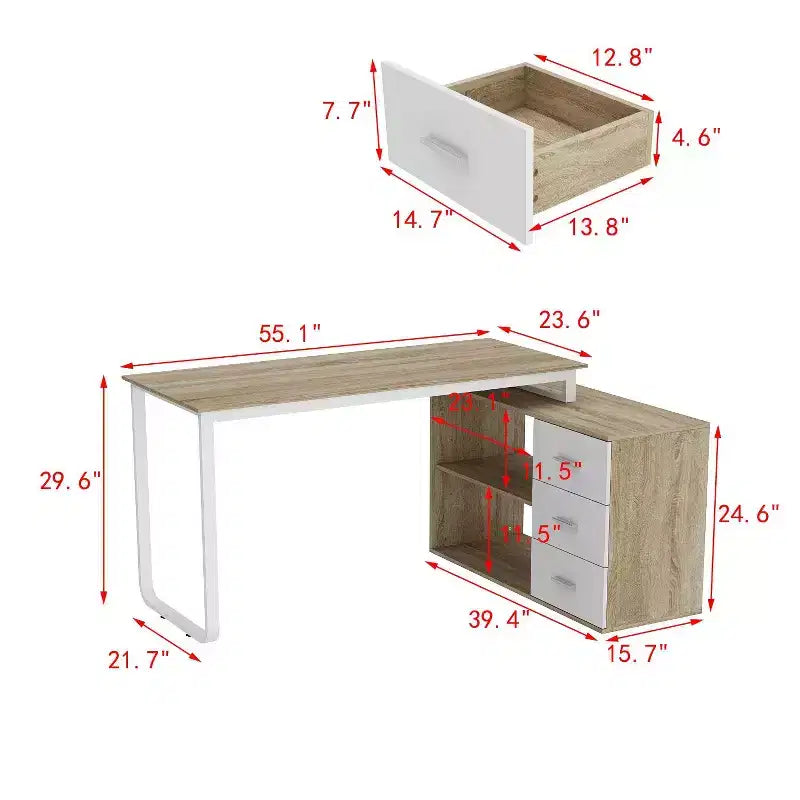 Famapy L-Shaped Wood & Metal Computer Desk Office Desk: 3-Drawer Storage + Open Shelves Multi-Zone Workstation for Home & Office