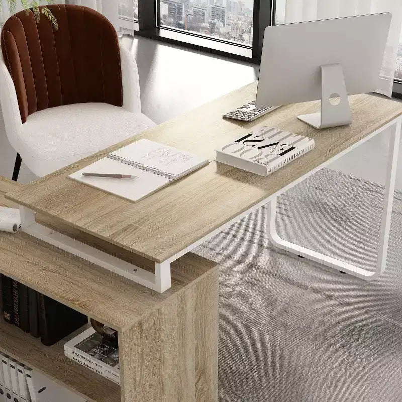 Famapy L-Shaped Wood & Metal Computer Desk Office Desk: 3-Drawer Storage + Open Shelves Multi-Zone Workstation for Home & Office