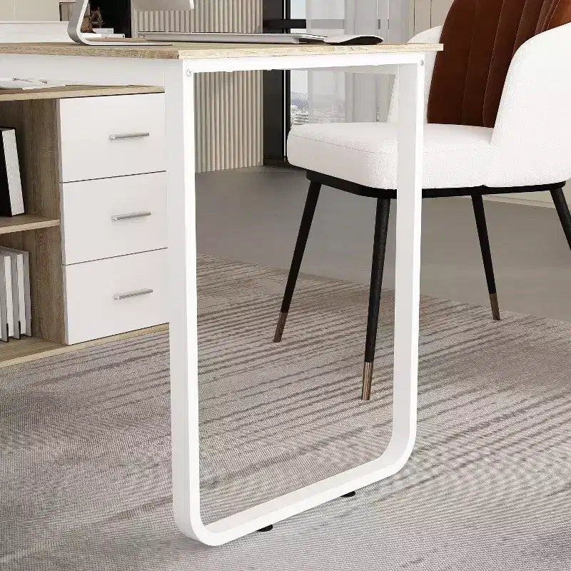 Famapy L-Shaped Wood & Metal Computer Desk Office Desk: 3-Drawer Storage + Open Shelves Multi-Zone Workstation for Home & Office