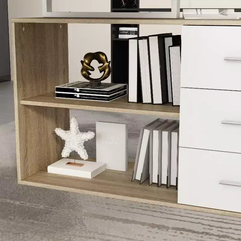 Famapy L-Shaped Wood & Metal Computer Desk Office Desk: 3-Drawer Storage + Open Shelves Multi-Zone Workstation for Home & Office