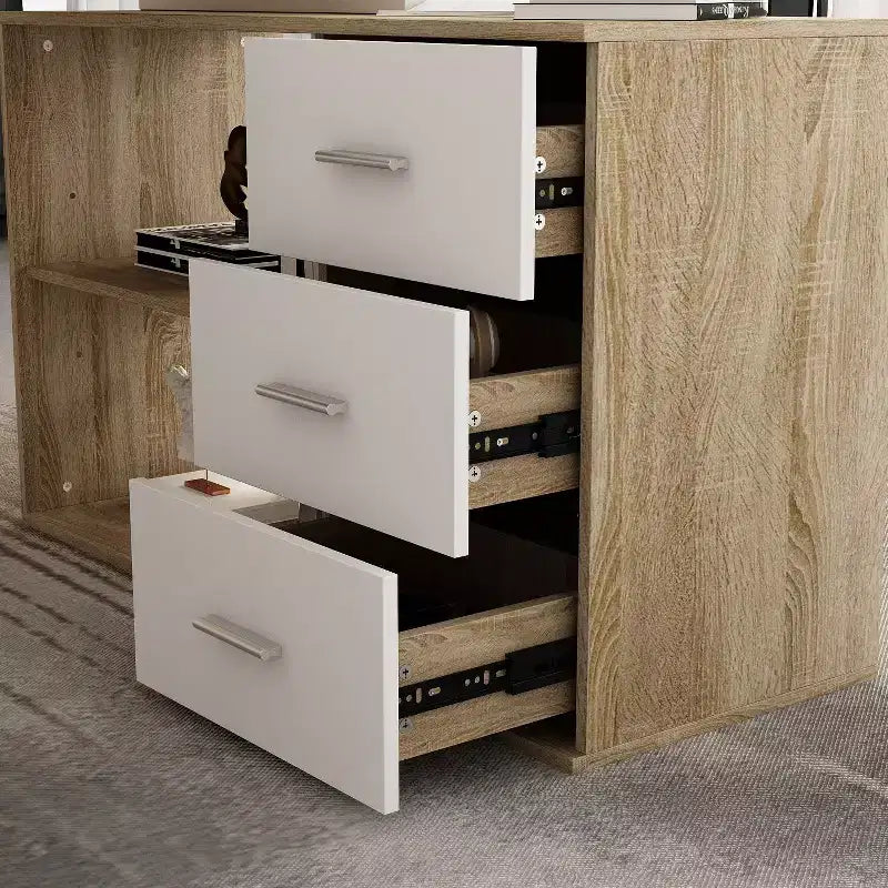 Famapy L-Shaped Wood & Metal Computer Desk Office Desk: 3-Drawer Storage + Open Shelves Multi-Zone Workstation for Home & Office