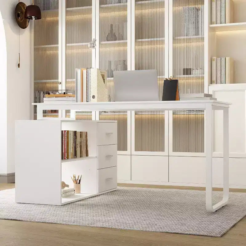 Famapy L-Shaped Wood & Metal Computer Desk Office Desk: 3-Drawer Storage + Open Shelves Multi-Zone Workstation for Home & Office
