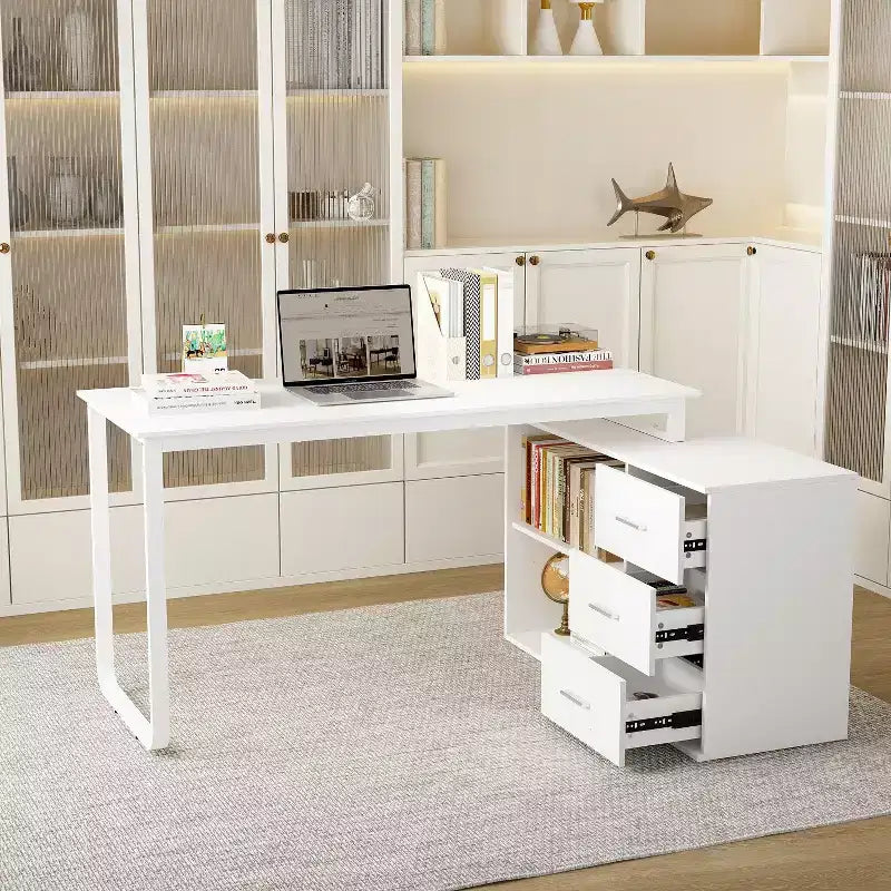 Famapy L-Shaped Wood & Metal Computer Desk Office Desk: 3-Drawer Storage + Open Shelves Multi-Zone Workstation for Home & Office