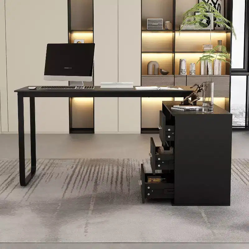 Famapy L-Shaped Wood & Metal Computer Desk Office Desk: 3-Drawer Storage + Open Shelves Multi-Zone Workstation for Home & Office