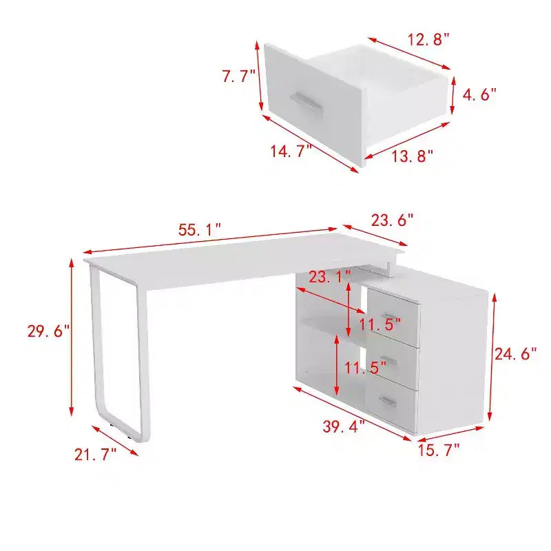 Famapy L-Shaped Wood & Metal Computer Desk Office Desk: 3-Drawer Storage + Open Shelves Multi-Zone Workstation for Home & Office