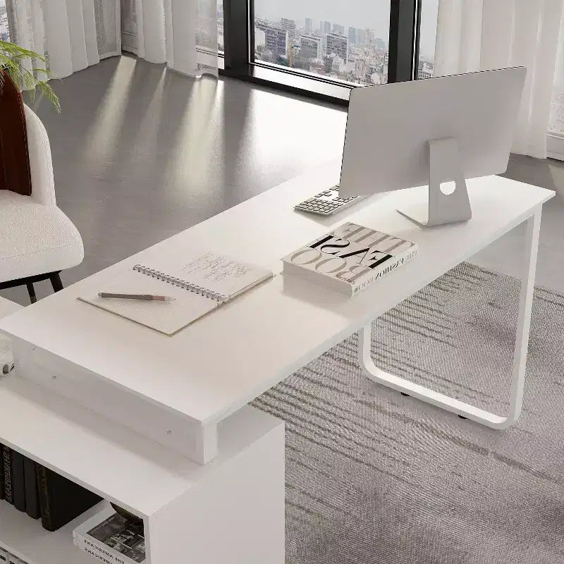 Famapy L-Shaped Wood & Metal Computer Desk Office Desk: 3-Drawer Storage + Open Shelves Multi-Zone Workstation for Home & Office