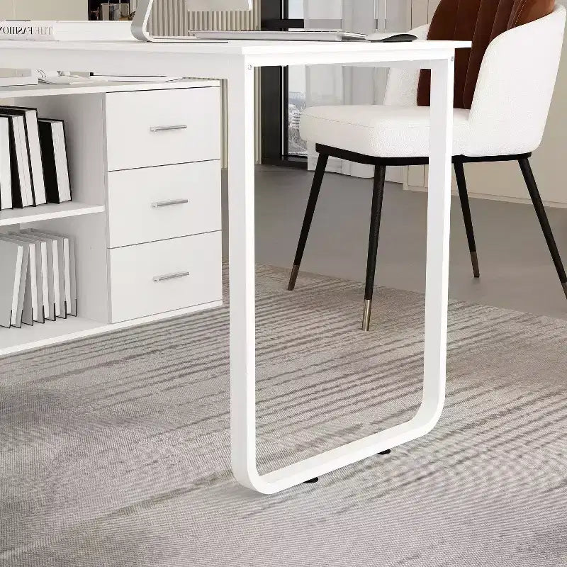 Famapy L-Shaped Wood & Metal Computer Desk Office Desk: 3-Drawer Storage + Open Shelves Multi-Zone Workstation for Home & Office