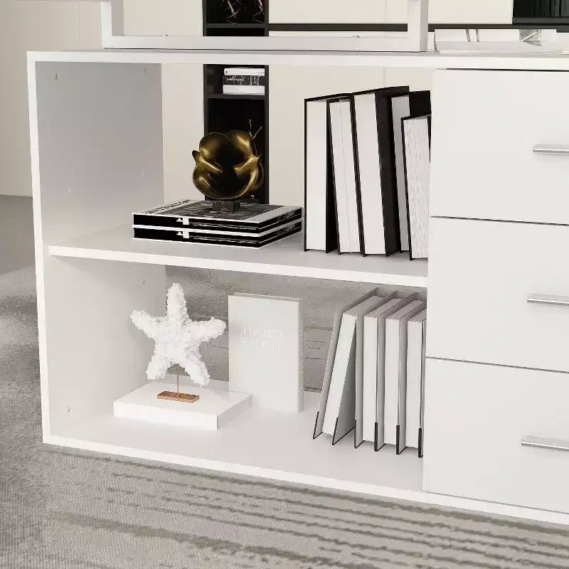 Famapy L-Shaped Wood & Metal Computer Desk Office Desk: 3-Drawer Storage + Open Shelves Multi-Zone Workstation for Home & Office