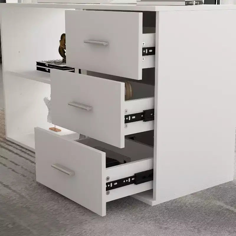 Famapy L-Shaped Wood & Metal Computer Desk Office Desk: 3-Drawer Storage + Open Shelves Multi-Zone Workstation for Home & Office