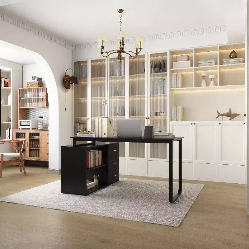 Famapy L-Shaped Wood & Metal Computer Desk Office Desk: 3-Drawer Storage + Open Shelves Multi-Zone Workstation for Home & Office