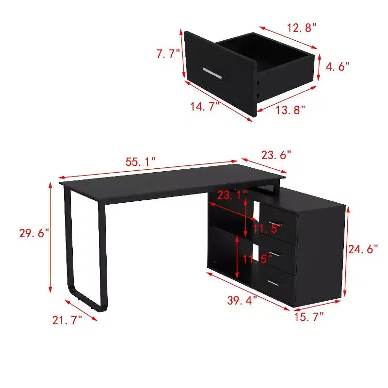 Famapy L-Shaped Wood & Metal Computer Desk Office Desk: 3-Drawer Storage + Open Shelves Multi-Zone Workstation for Home & Office