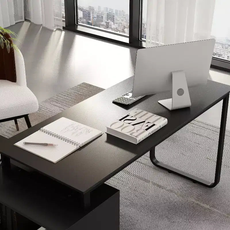 Famapy L-Shaped Wood & Metal Computer Desk Office Desk: 3-Drawer Storage + Open Shelves Multi-Zone Workstation for Home & Office