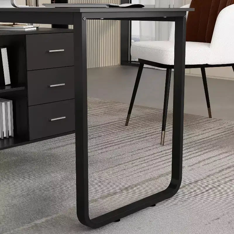 Famapy L-Shaped Wood & Metal Computer Desk Office Desk: 3-Drawer Storage + Open Shelves Multi-Zone Workstation for Home & Office