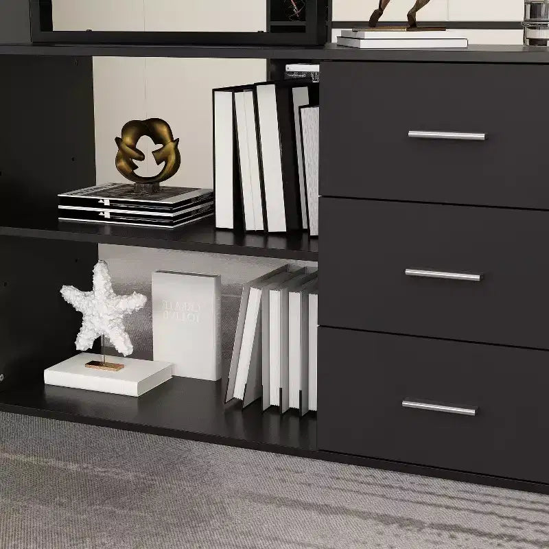 Famapy L-Shaped Wood & Metal Computer Desk Office Desk: 3-Drawer Storage + Open Shelves Multi-Zone Workstation for Home & Office