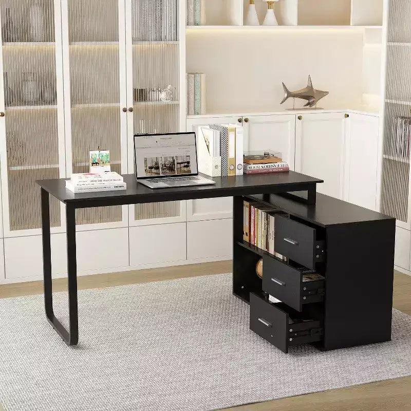 Famapy L-Shaped Wood & Metal Computer Desk Office Desk: 3-Drawer Storage + Open Shelves Multi-Zone Workstation for Home & Office