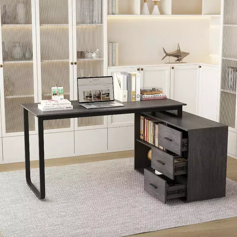 Famapy L-Shaped Wood & Metal Computer Desk Office Desk: 3-Drawer Storage + Open Shelves Multi-Zone Workstation for Home & Office
