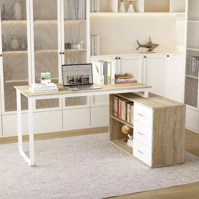 Famapy L-Shaped Wood & Metal Computer Desk Office Desk: 3-Drawer Storage + Open Shelves Multi-Zone Workstation for Home & Office