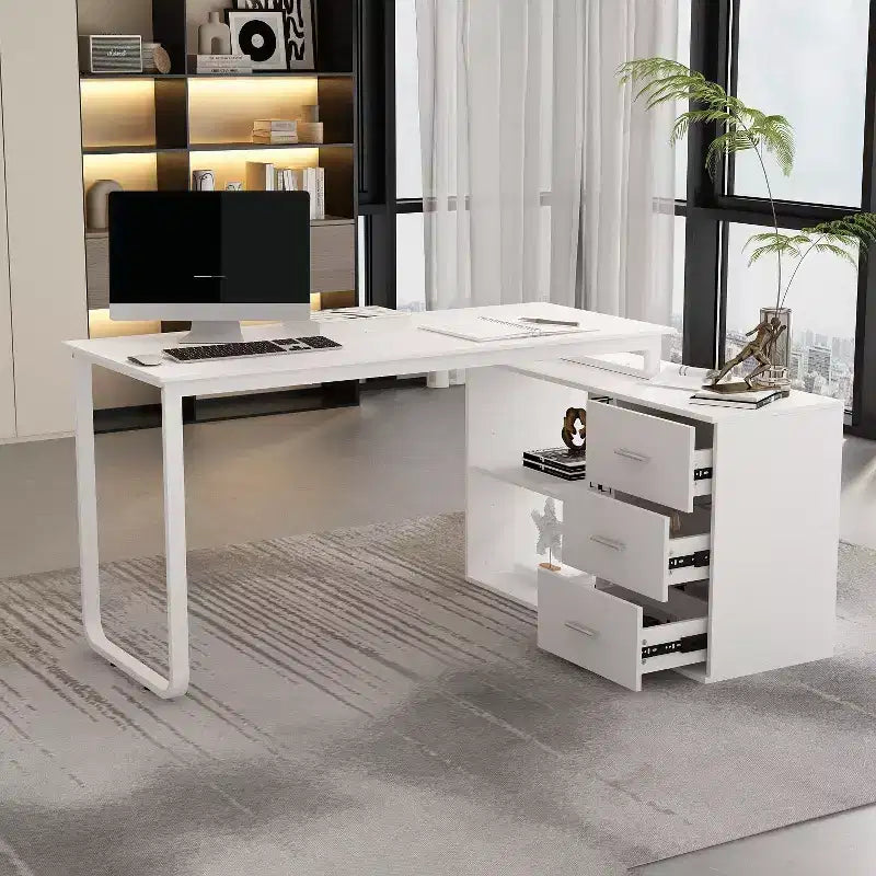 Famapy L-Shaped Wood & Metal Computer Desk Office Desk: 3-Drawer Storage + Open Shelves Multi-Zone Workstation for Home & Office