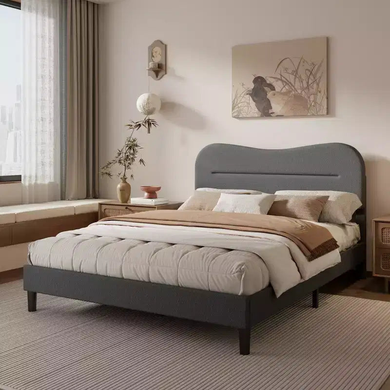Queen Size Platform Bed Frame with Upholstered Headboard Teddy Boucle Fabric Cloud Marshmallow Shape Noise Free No Box Spring Needed Sturdy Wood Slats