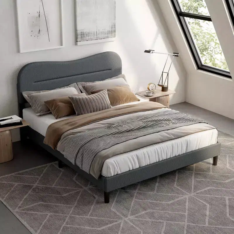 Queen Size Platform Bed Frame with Upholstered Headboard Teddy Boucle Fabric Cloud Marshmallow Shape Noise Free No Box Spring Needed Sturdy Wood Slats