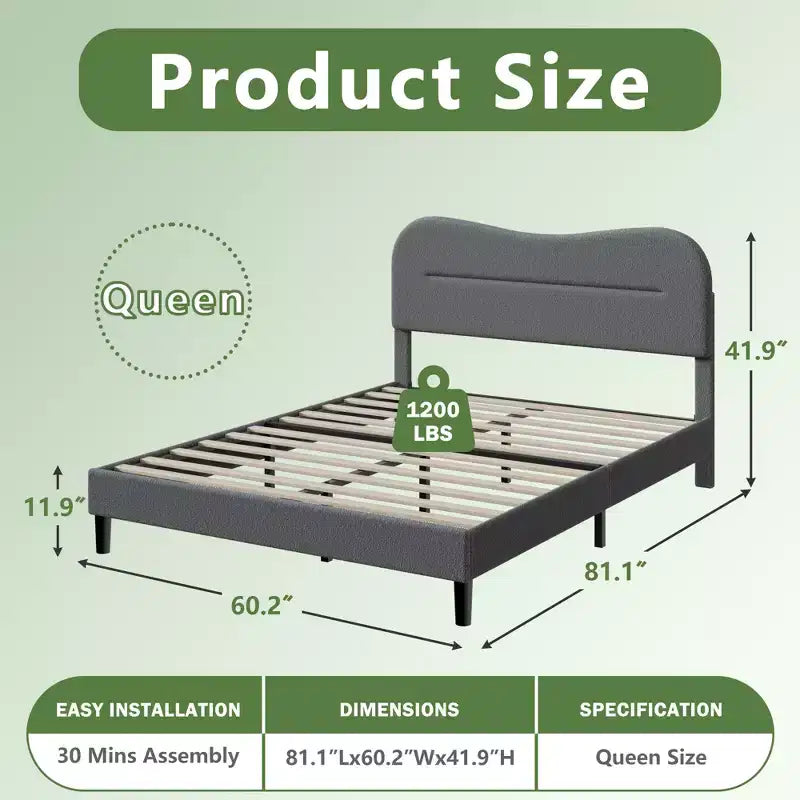 Queen Size Platform Bed Frame with Upholstered Headboard Teddy Boucle Fabric Cloud Marshmallow Shape Noise Free No Box Spring Needed Sturdy Wood Slats