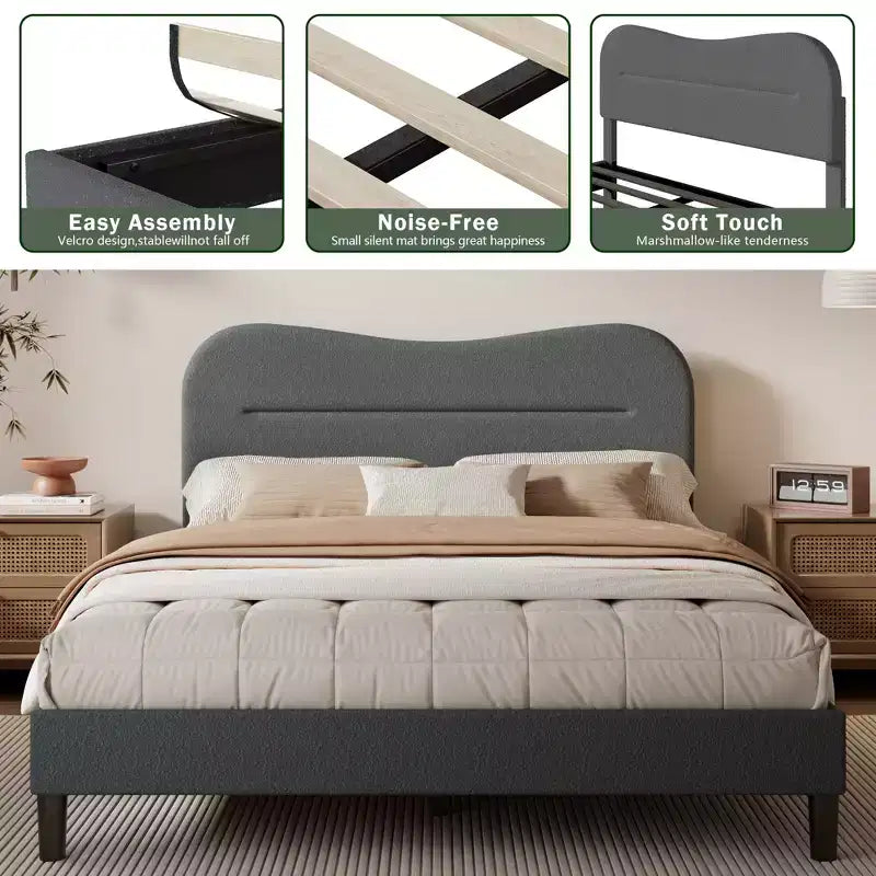 Queen Size Platform Bed Frame with Upholstered Headboard Teddy Boucle Fabric Cloud Marshmallow Shape Noise Free No Box Spring Needed Sturdy Wood Slats