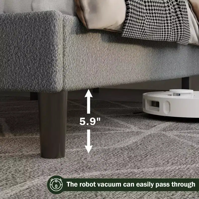Queen Size Platform Bed Frame with Upholstered Headboard Teddy Boucle Fabric Cloud Marshmallow Shape Noise Free No Box Spring Needed Sturdy Wood Slats