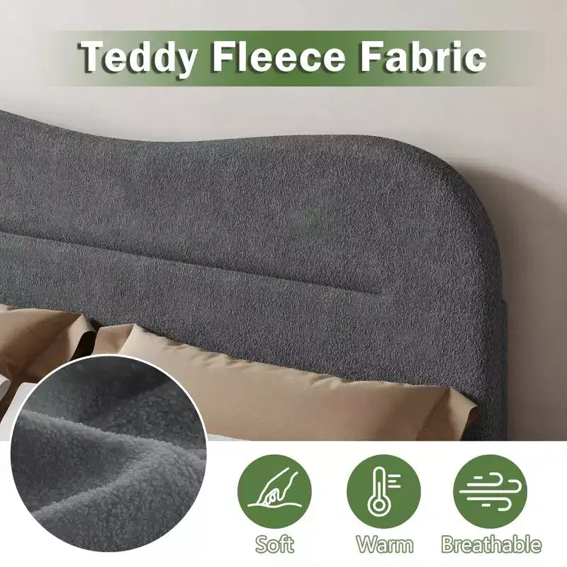 Queen Size Platform Bed Frame with Upholstered Headboard Teddy Boucle Fabric Cloud Marshmallow Shape Noise Free No Box Spring Needed Sturdy Wood Slats