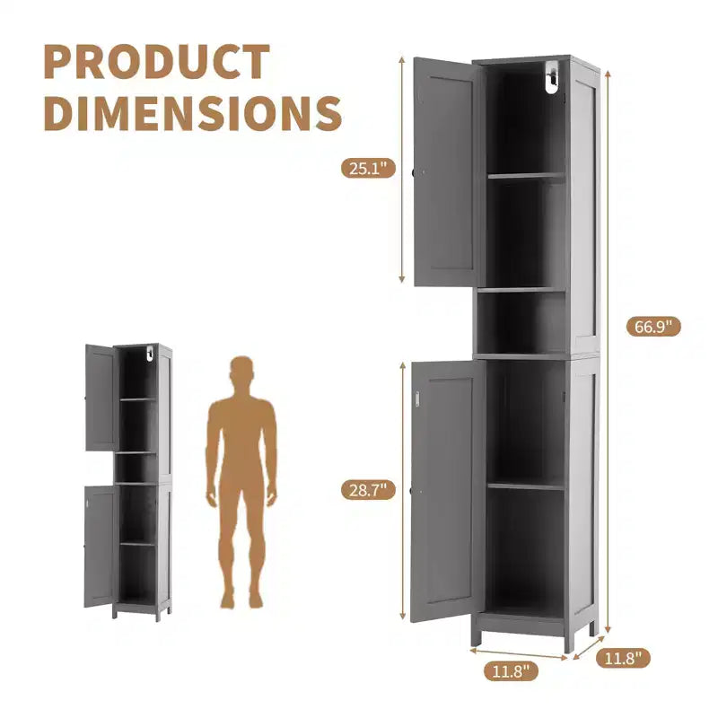 66.9 Inch Tall Narrow Bathroom Storage Cabinet, Freestanding Organizer with Adjustable Shelves, Water Resistant Design for Bathroom, Kitchen, Hallway