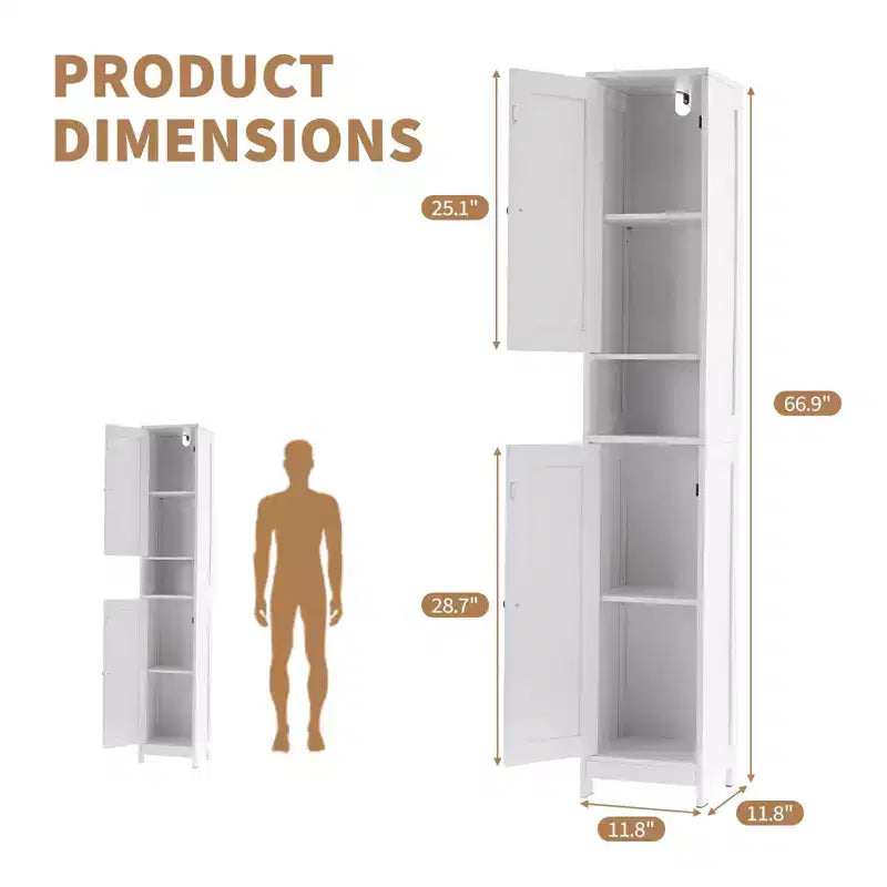 66.9 Inch Tall Narrow Bathroom Storage Cabinet, Freestanding Organizer with Adjustable Shelves, Water Resistant Design for Bathroom, Kitchen, Hallway