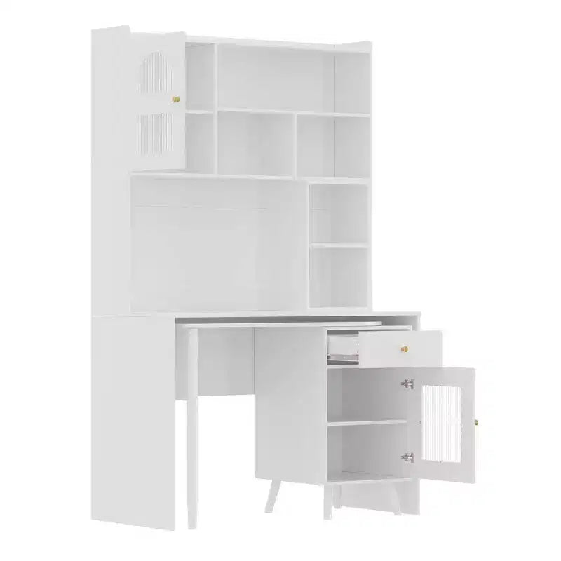 Whisen Computer Desk, Office Desk, Gaming Desk, Writing Desk & Work Desk with 90 Degree Rotating Desktop, Drawer, Shelves and Cabinets