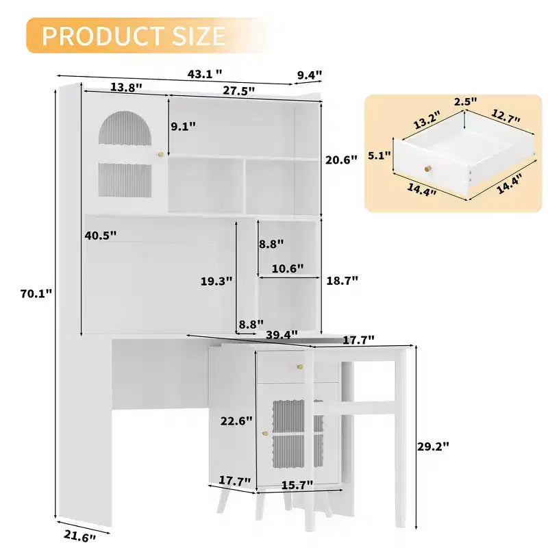 Whisen Computer Desk, Office Desk, Gaming Desk, Writing Desk & Work Desk with 90 Degree Rotating Desktop, Drawer, Shelves and Cabinets