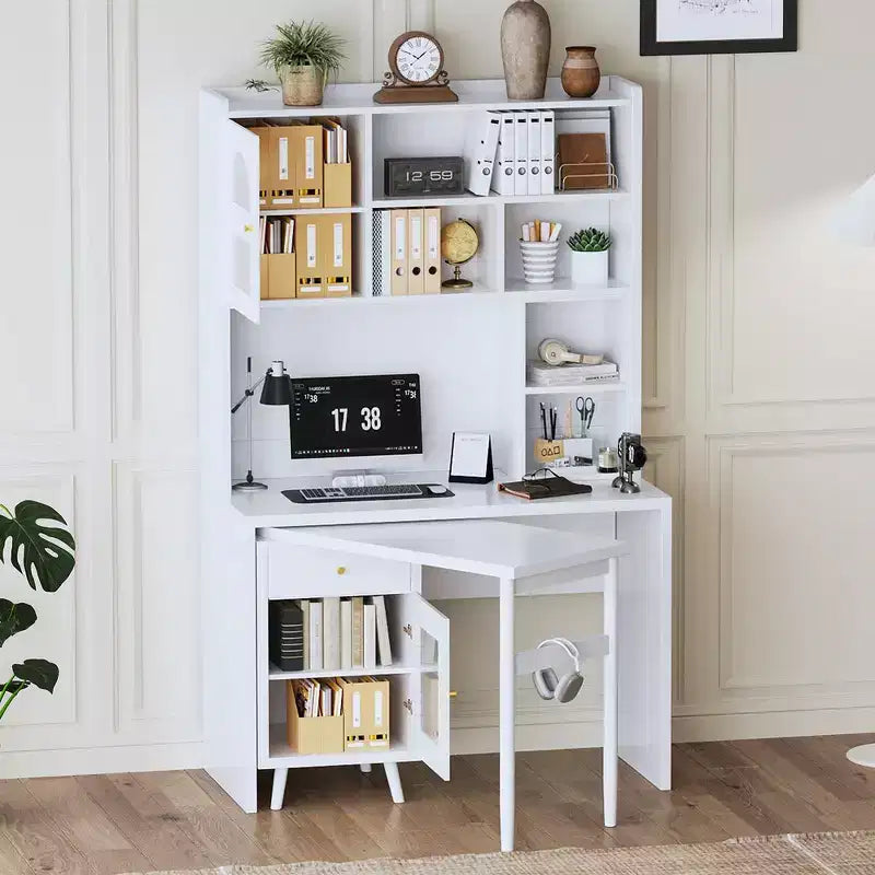 Whisen Computer Desk, Office Desk, Gaming Desk, Writing Desk & Work Desk with 90 Degree Rotating Desktop, Drawer, Shelves and Cabinets
