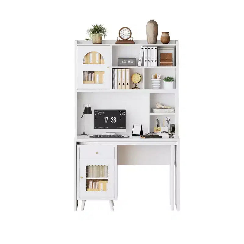 Whisen Computer Desk, Office Desk, Gaming Desk, Writing Desk & Work Desk with 90 Degree Rotating Desktop, Drawer, Shelves and Cabinets