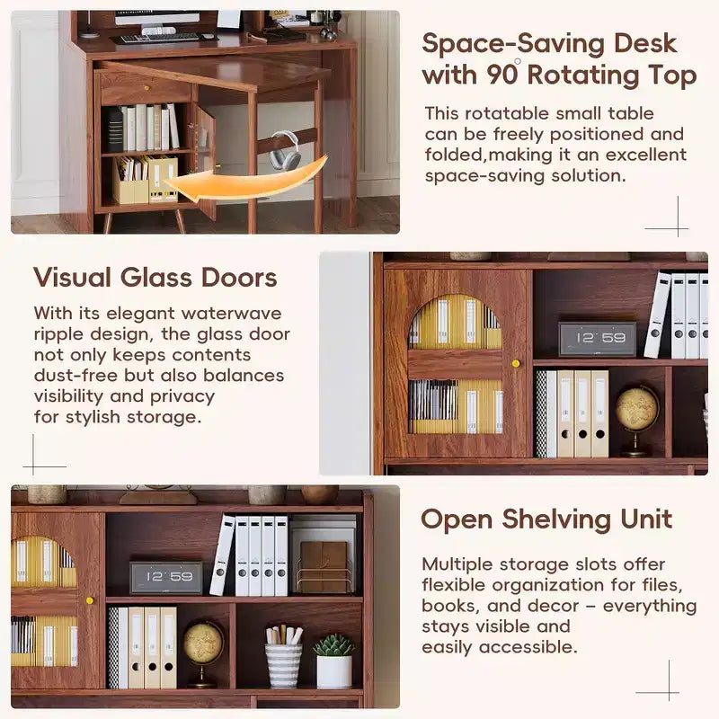 Whisen Computer Desk, Office Desk, Gaming Desk, Writing Desk & Work Desk with 90 Degree Rotating Desktop, Drawer, Shelves and Cabinets