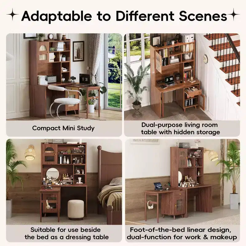 Whisen Computer Desk, Office Desk, Gaming Desk, Writing Desk & Work Desk with 90 Degree Rotating Desktop, Drawer, Shelves and Cabinets