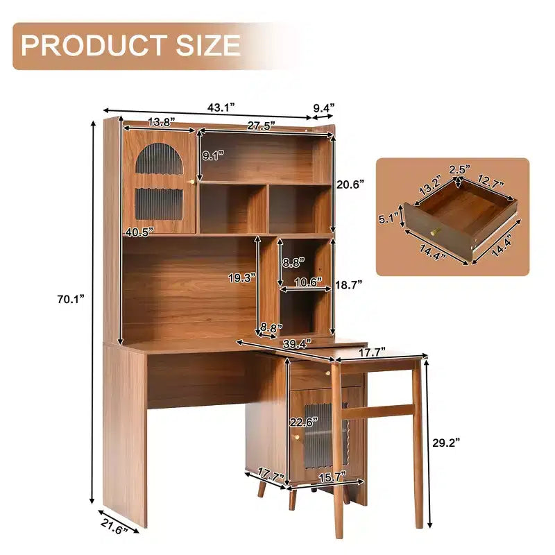 Whisen Computer Desk, Office Desk, Gaming Desk, Writing Desk & Work Desk with 90 Degree Rotating Desktop, Drawer, Shelves and Cabinets