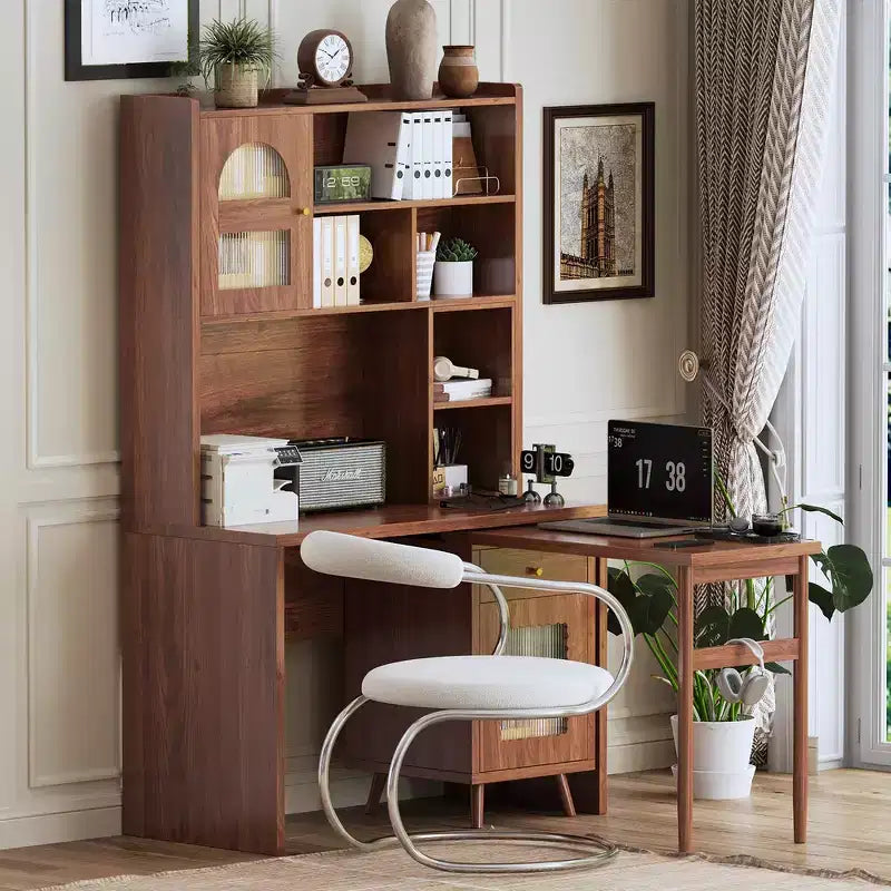 Whisen Computer Desk, Office Desk, Gaming Desk, Writing Desk & Work Desk with 90 Degree Rotating Desktop, Drawer, Shelves and Cabinets