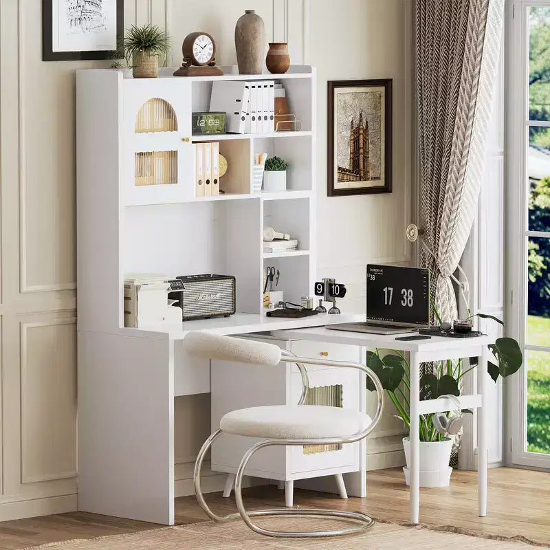 Whisen Computer Desk, Office Desk, Gaming Desk, Writing Desk & Work Desk with 90 Degree Rotating Desktop, Drawer, Shelves and Cabinets
