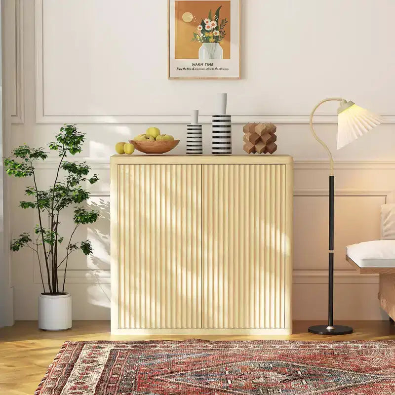 34.6 Buffet Cabinet with Fluted Doors, 3-Tier Sideboard with Adjustable Shelves for Dining Room, Kitchen, Living Room Natural Oak Finish