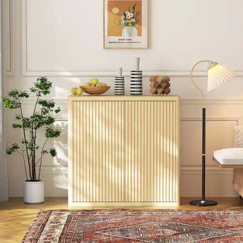 34.6 Buffet Cabinet with Fluted Doors, 3-Tier Sideboard with Adjustable Shelves for Dining Room, Kitchen, Living Room Natural Oak Finish