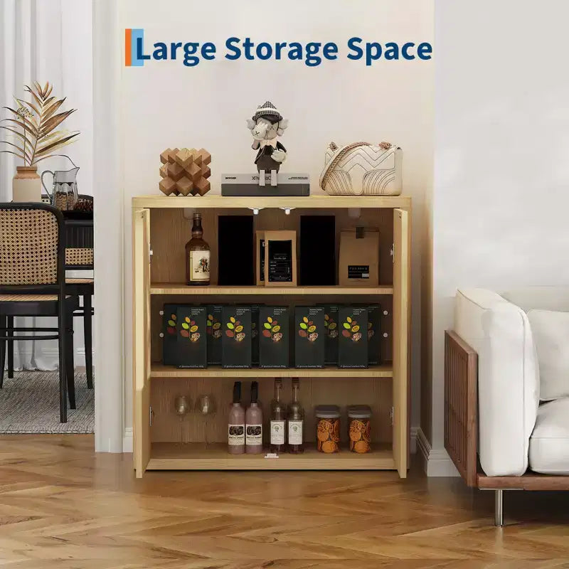 34.6 Buffet Cabinet with Fluted Doors, 3-Tier Sideboard with Adjustable Shelves for Dining Room, Kitchen, Living Room Natural Oak Finish