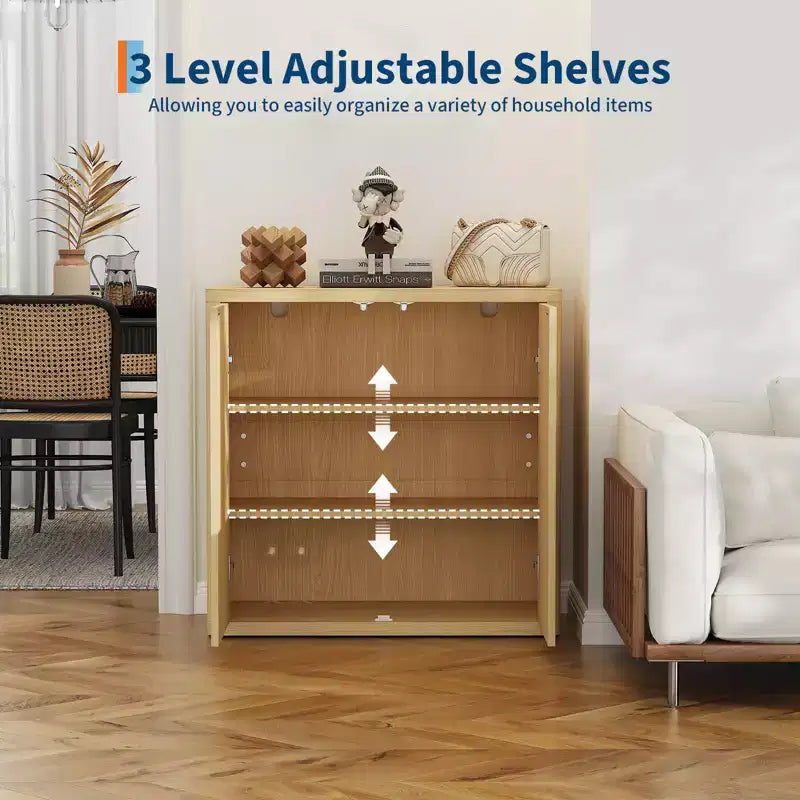 34.6 Buffet Cabinet with Fluted Doors, 3-Tier Sideboard with Adjustable Shelves for Dining Room, Kitchen, Living Room Natural Oak Finish