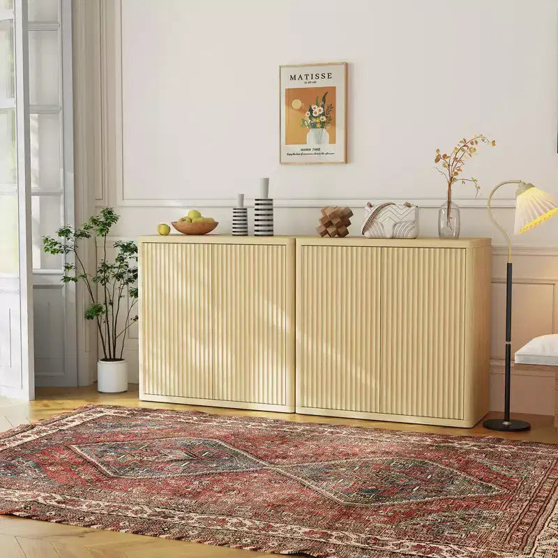 34.6 Buffet Cabinet with Fluted Doors, 3-Tier Sideboard with Adjustable Shelves for Dining Room, Kitchen, Living Room Natural Oak Finish