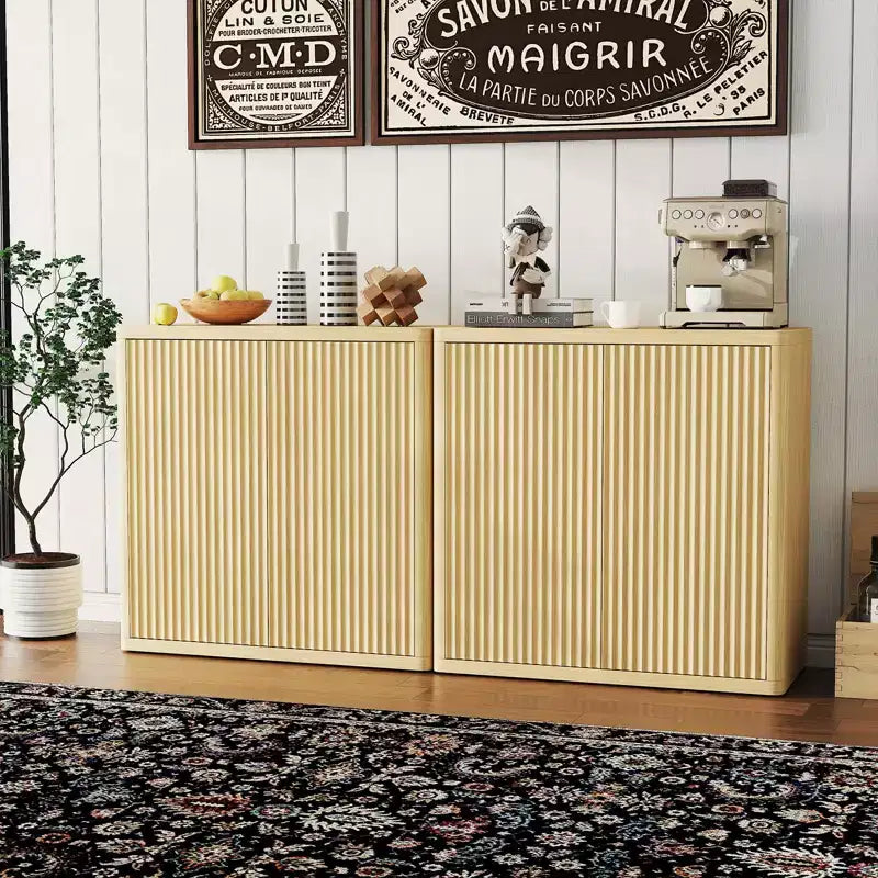 34.6 Buffet Cabinet with Fluted Doors, 3-Tier Sideboard with Adjustable Shelves for Dining Room, Kitchen, Living Room Natural Oak Finish