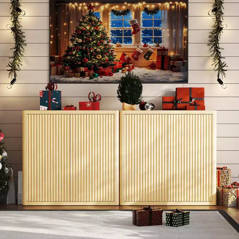 34.6 Buffet Cabinet with Fluted Doors, 3-Tier Sideboard with Adjustable Shelves for Dining Room, Kitchen, Living Room Natural Oak Finish