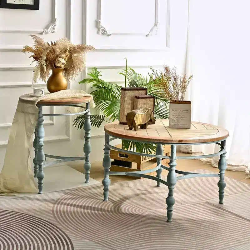 GDFStudio Ashton 31.5 Wooden Carved Rustic Round Coffee Table with Metal Leg