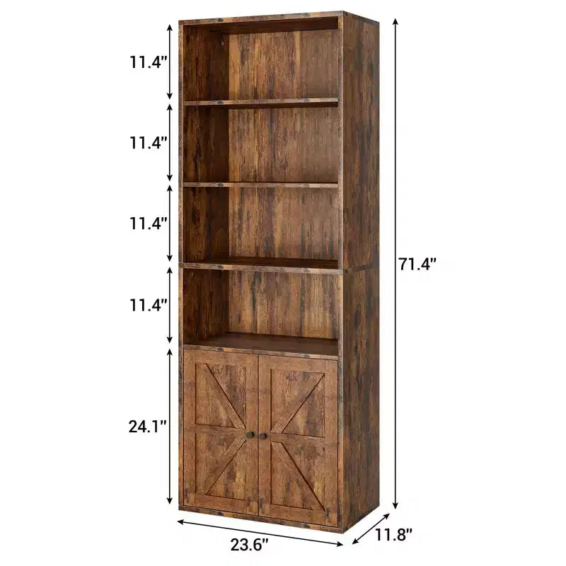 71.4 Industrial Bookcase with Doors 6-Shelf Farmhouse Bookshelf, 11.8 Deep Storage for Living Room, Bedroom & Home Office (Gray)